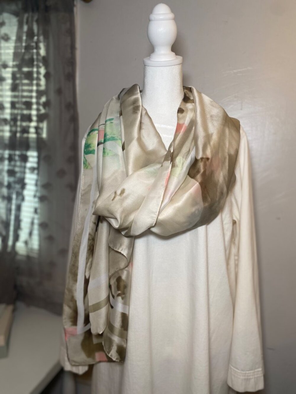 Pretty Persuasions Watercolor Satin Scarf Neutral Floral Abstract Wrap Shawl